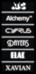 Side menu with audio brands ATC, Alchemy, Cyrus, Dayens, ELAC and Xavian